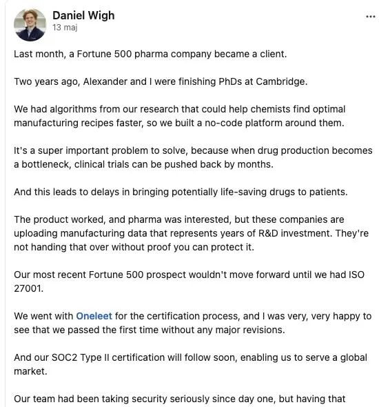 Screenshot excerpt of Daniel Wigh’s original LinkedIn post